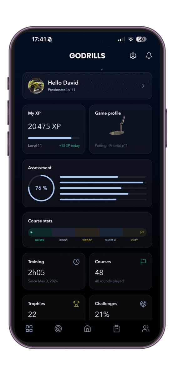 GODRILLS app — home screen with golf video drill library, performance tests and GPS scorecard